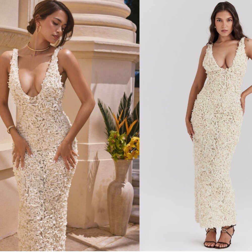 HOUSE OF CB 'Carena' Creme Plunge Floral Appliqué Maxi Dress NWOT